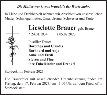 Traueranzeige von Brauer (geb. Brauer)  von Magdeburger Volksstimme