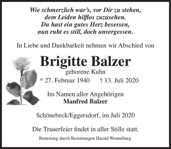 Traueranzeige von Brgitte Balzer (geb. Kuhn)  von Magdeburger Volksstimme