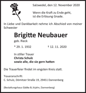 Traueranzeige von Brgitte Neubauer (geb. Rieck)  von Magdeburger Volksstimme