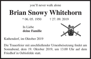 Traueranzeige von Brian Snowy Whitehorn  von Magdeburger Volksstimme