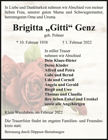 Traueranzeige von Brigitta 