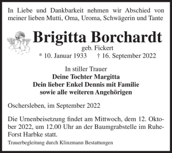 Traueranzeige von Brigitta Borchardt (geb. Fickert)  von Magdeburger Volksstimme