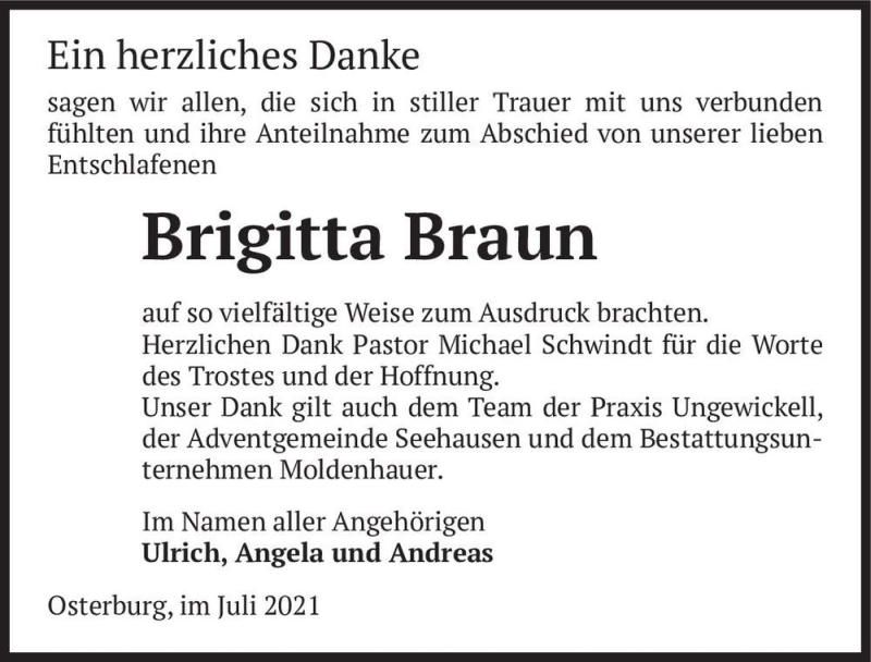  Traueranzeige für Brigitta Braun  vom 03.07.2021 aus Magdeburger Volksstimme
