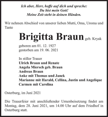 Traueranzeige von Brigitta Braun (geb. Kryak)  von Magdeburger Volksstimme