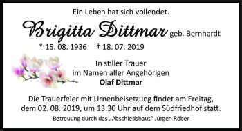 Traueranzeige von Brigitta Dittmar (geb. Bernhardt)  von Magdeburger Volksstimme