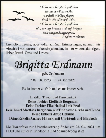 Traueranzeige von Brigitta Erdmann (geb. Grobmann)  von Magdeburger Volksstimme