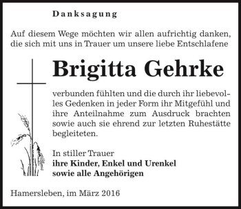 Traueranzeige von Brigitta Gehrke  von Magdeburger Volksstimme
