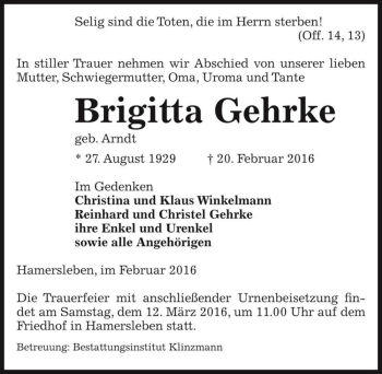 Traueranzeige von Brigitta Gehrke (geb. Arndt)  von Magdeburger Volksstimme