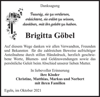 Traueranzeige von Brigitta Göbel  von Magdeburger Volksstimme