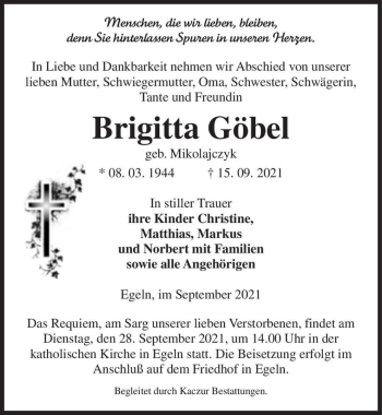 Traueranzeige von Brigitta Göbel (geb. Mikolajczyk)  von Magdeburger Volksstimme