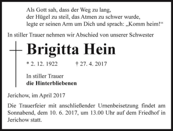 Traueranzeige von Brigitta Hein  von Magdeburger Volksstimme