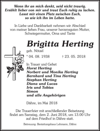 Traueranzeige von Brigitta Herting (geb. Nötzel)  von Magdeburger Volksstimme