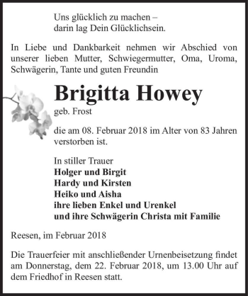 Traueranzeige von Brigitta Howey (geb. Frost)  von Magdeburger Volksstimme