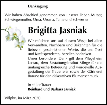 Traueranzeige von Brigitta Jasniak  von Magdeburger Volksstimme