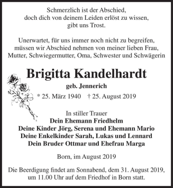 Traueranzeige von Brigitta Kandelhardt (geb. Jennerich)  von Magdeburger Volksstimme