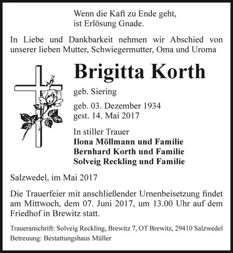  Traueranzeige für Brigitta Korth (geb. Siering)  vom 16.05.2017 aus Magdeburger Volksstimme
