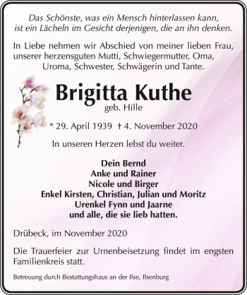 Traueranzeige von Brigitta Kuthe (geb. Hille)  von Magdeburger Volksstimme