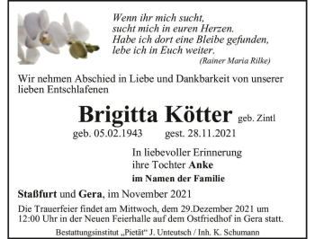 Traueranzeige von Brigitta Kötter (geb. Zintl)  von Magdeburger Volksstimme