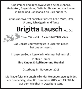 Traueranzeige von Brigitta Lausch (geb. Ott)  von Magdeburger Volksstimme