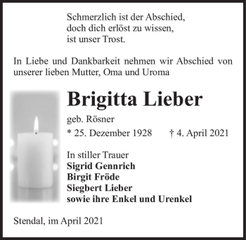 Traueranzeige von Brigitta Lieber (geb. Rösner)  von Magdeburger Volksstimme