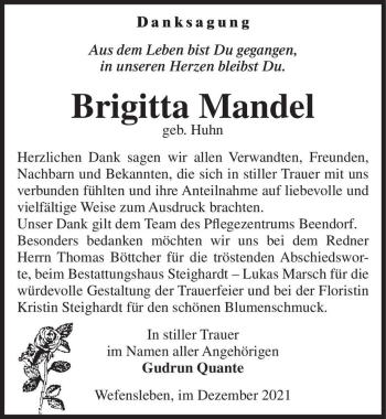Traueranzeige von Brigitta Mandel (geb. Huhn)  von Magdeburger Volksstimme