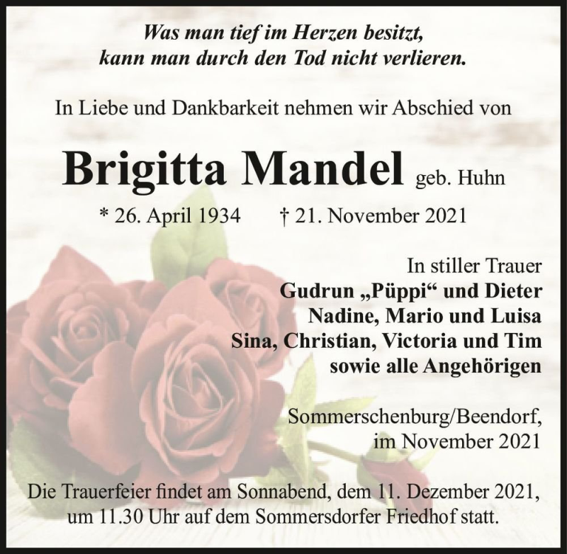  Traueranzeige für Brigitta Mandel (geb. Huhn)  vom 27.11.2021 aus Magdeburger Volksstimme