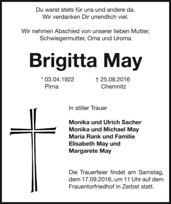 Traueranzeige von Brigitta May  von Magdeburger Volksstimme