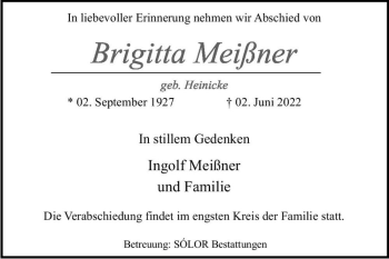 Traueranzeige von Brigitta Meißner (geb. Heinicke)  von Magdeburger Volksstimme