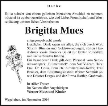 Traueranzeige von Brigitta Mues  von Magdeburger Volksstimme