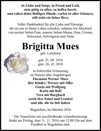 Traueranzeige von Brigitta Mues (geb. Leonhard)  von Magdeburger Volksstimme