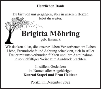 Traueranzeige von Brigitta Möhring (geb. Bismark)  von Magdeburger Volksstimme