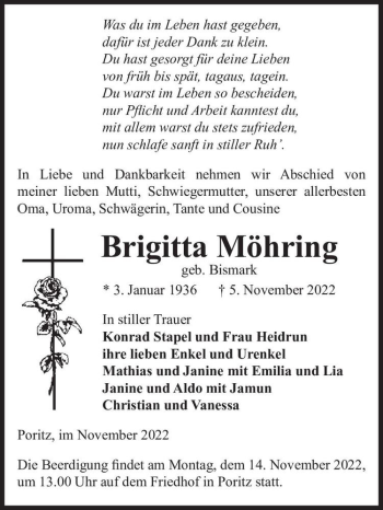 Traueranzeige von Brigitta Möhring (geb. Bismark)  von Magdeburger Volksstimme