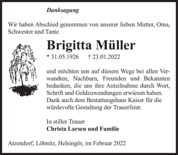 Traueranzeige von Brigitta Müller  von Magdeburger Volksstimme