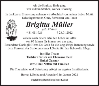Traueranzeige von Brigitta Müller (geb. Föllner)  von Magdeburger Volksstimme