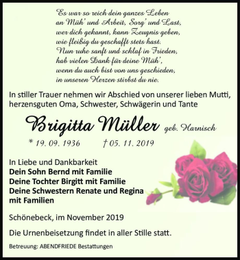 Traueranzeige von Brigitta Müller (geb. Harnisch)  von Magdeburger Volksstimme
