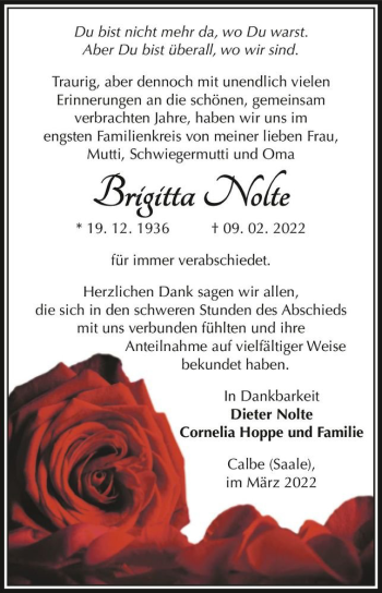 Traueranzeige von Brigitta Nolte  von Magdeburger Volksstimme