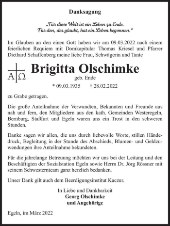 Traueranzeige von Brigitta Olschimke (geb. Ende)  von Magdeburger Volksstimme