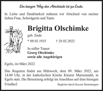 Traueranzeige von Brigitta Olschimke (geb. Ende)  von Magdeburger Volksstimme