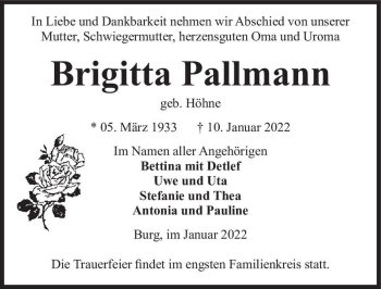 Traueranzeige von Brigitta Pallmann (geb. Höhne)  von Magdeburger Volksstimme
