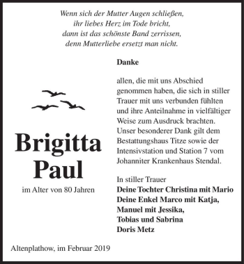Traueranzeige von Brigitta Paul  von Magdeburger Volksstimme
