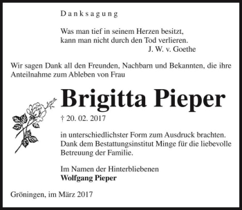 Traueranzeige von Brigitta Pieper  von Magdeburger Volksstimme