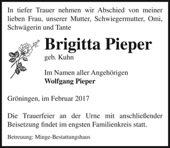 Traueranzeige von Brigitta Pieper (geb. Kuhn)  von Magdeburger Volksstimme