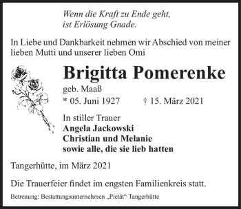 Traueranzeige von Brigitta Pomerenke (geb. Maaß)  von Magdeburger Volksstimme