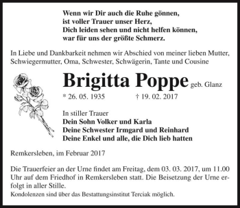 Traueranzeige von Brigitta Poppe (geb. Glanz)  von Magdeburger Volksstimme