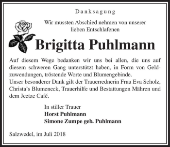 Traueranzeige von Brigitta Puhlmann  von Magdeburger Volksstimme