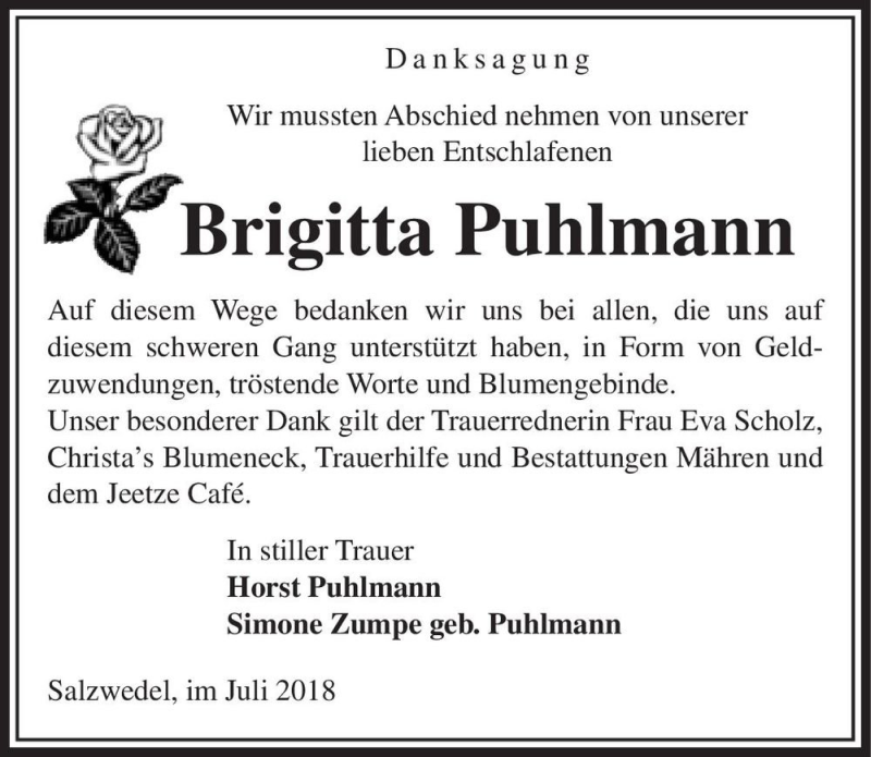  Traueranzeige für Brigitta Puhlmann  vom 28.07.2018 aus Magdeburger Volksstimme