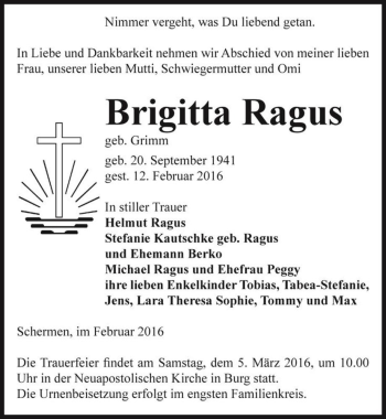 Traueranzeige von Brigitta Ragus (geb. Grimm)  von Magdeburger Volksstimme