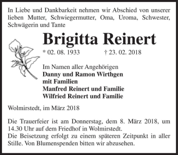 Traueranzeige von Brigitta Reinert  von Magdeburger Volksstimme