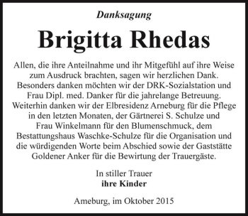 Traueranzeige von Brigitta Rhedas  von Magdeburger Volksstimme