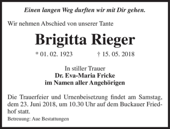 Traueranzeige von Brigitta Rieger  von Magdeburger Volksstimme